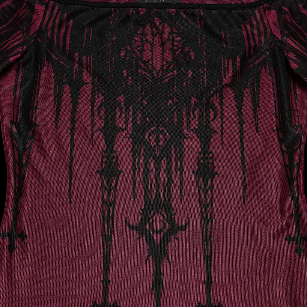 PUNK RAVE Women's Gothic Church Skull Printed Off Shoulder Mesh Top