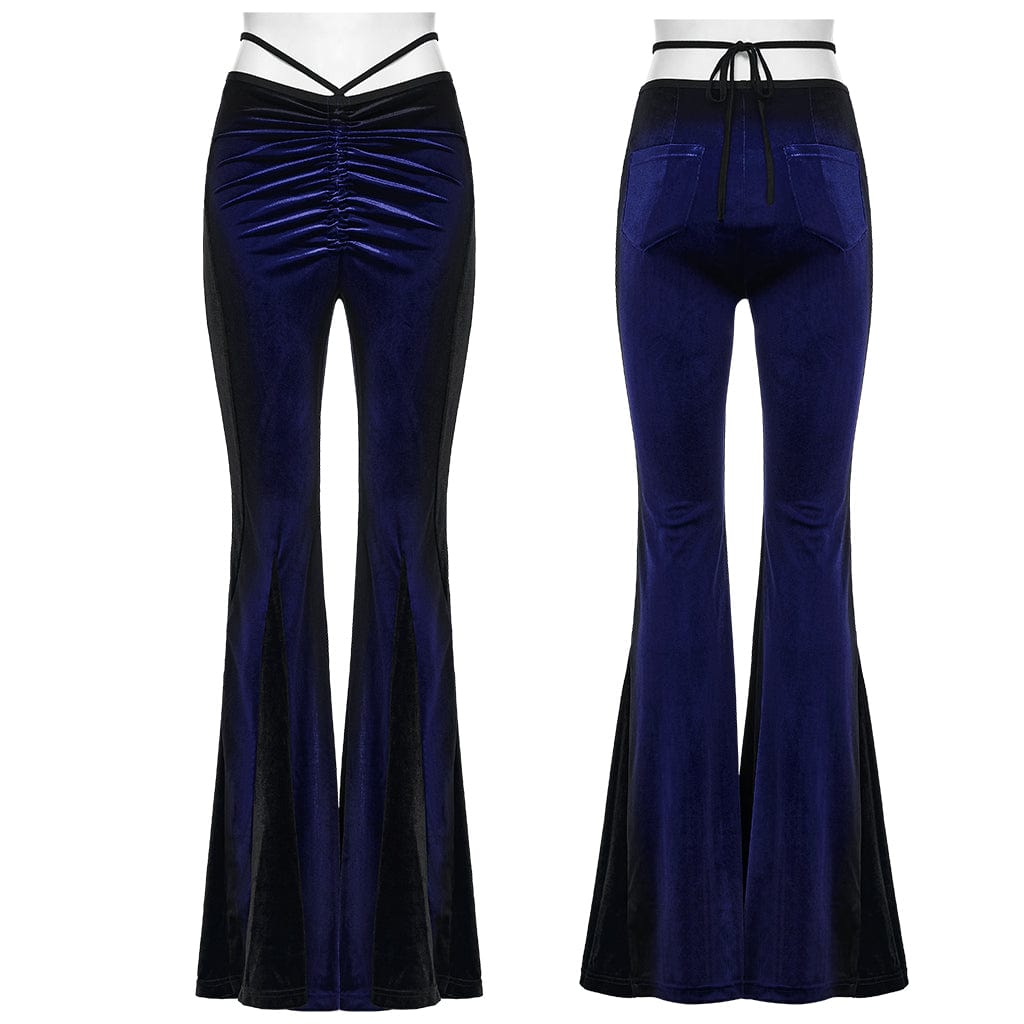 PUNK RAVE Women's Gothic Contrast Color Drawstring Velvet Flared Pants Blue