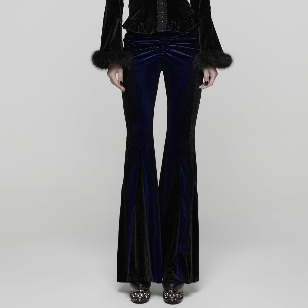 PUNK RAVE Women's Gothic Contrast Color Drawstring Velvet Flared Pants Blue