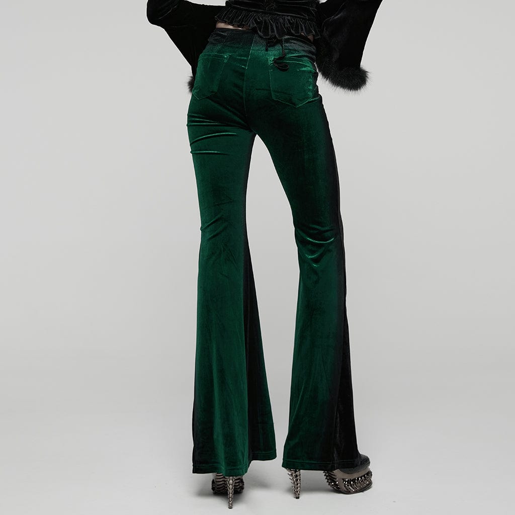 PUNK RAVE Women's Gothic Contrast Color Drawstring Velvet Flared Pants Green