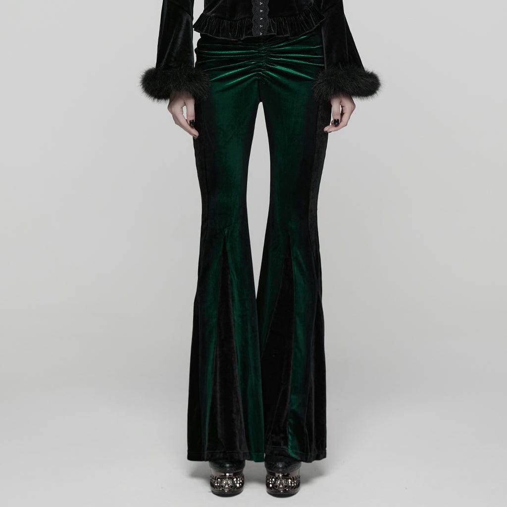 PUNK RAVE Women's Gothic Contrast Color Drawstring Velvet Flared Pants Green