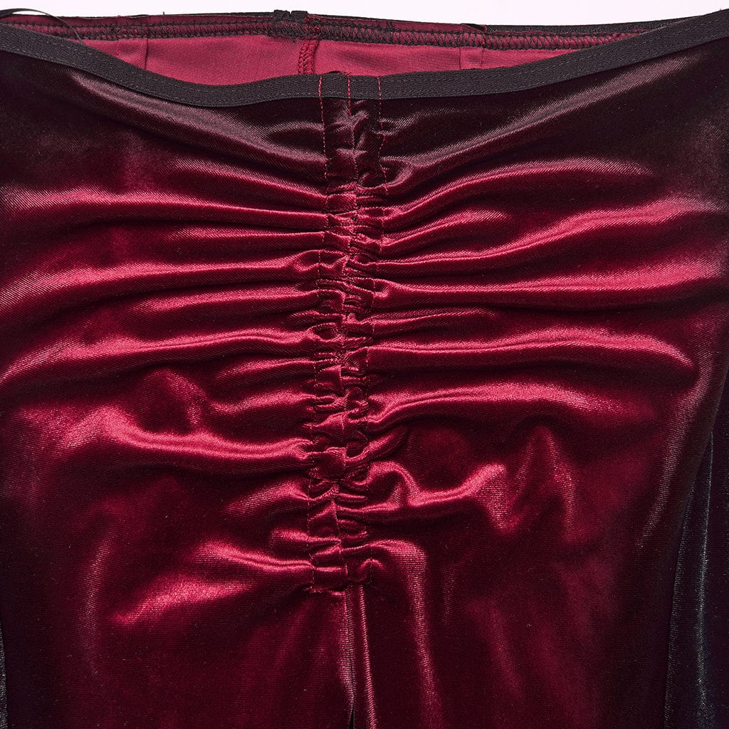 PUNK RAVE Women's Gothic Contrast Color Drawstring Velvet Flared Pants Red