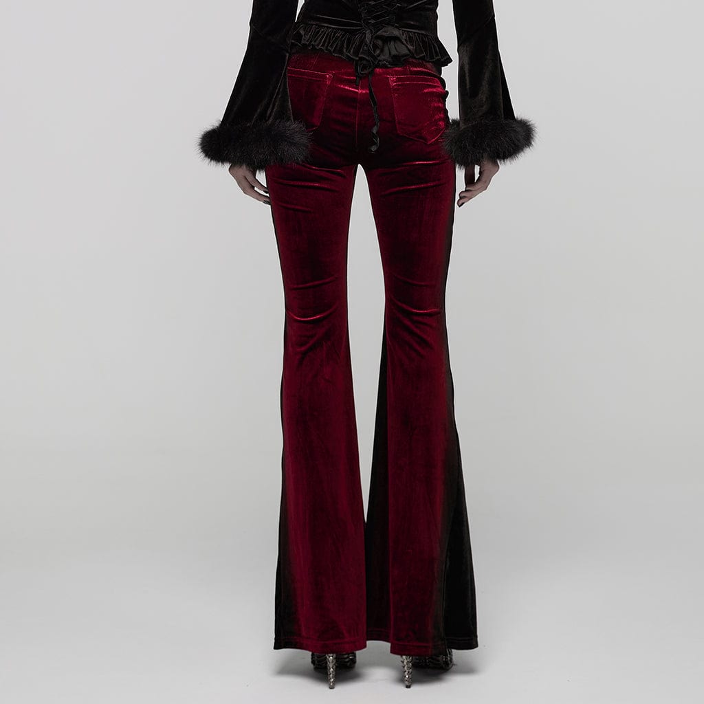 PUNK RAVE Women's Gothic Contrast Color Drawstring Velvet Flared Pants Red