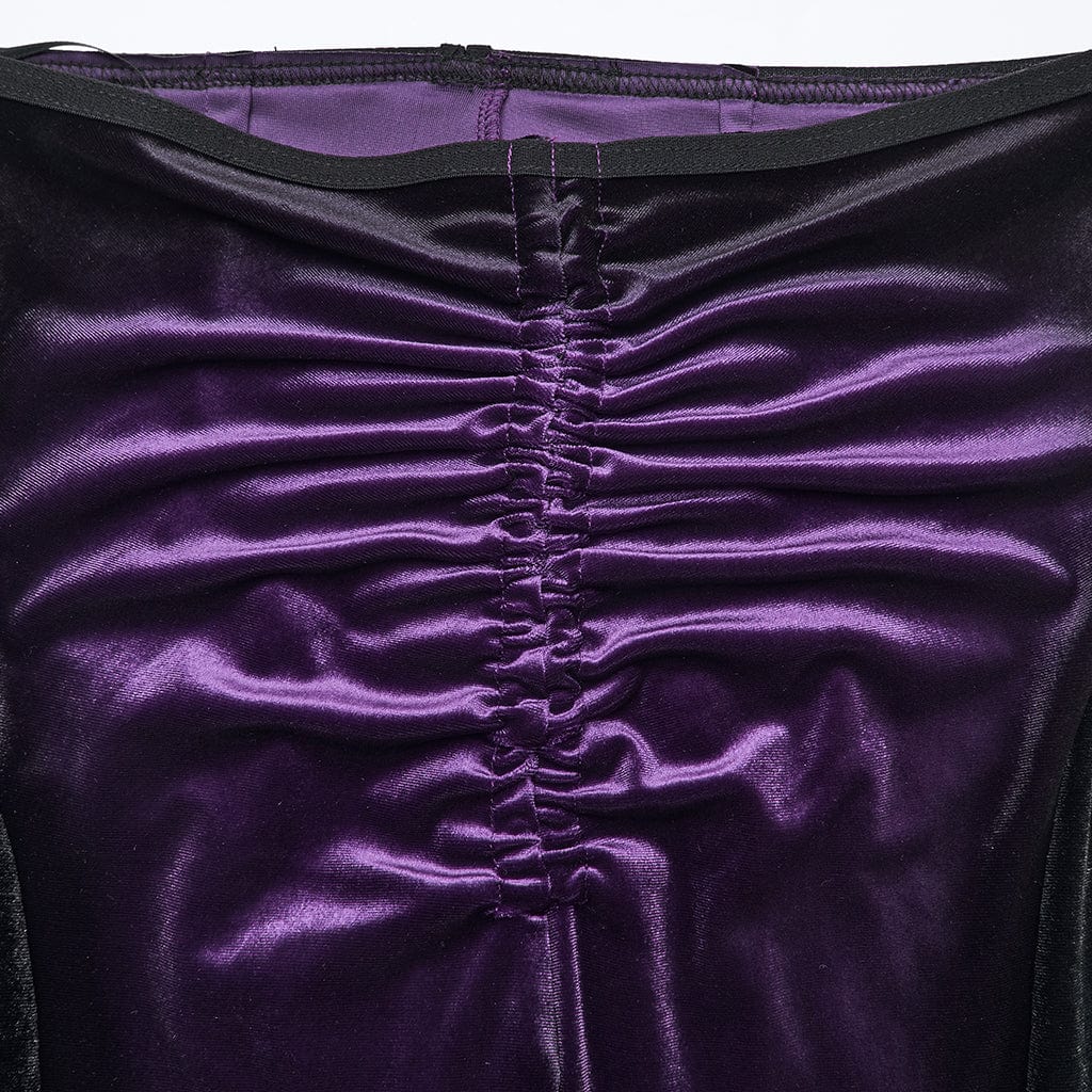 PUNK RAVE Women's Gothic Contrast Color Drawstring Velvet Flared Violet
