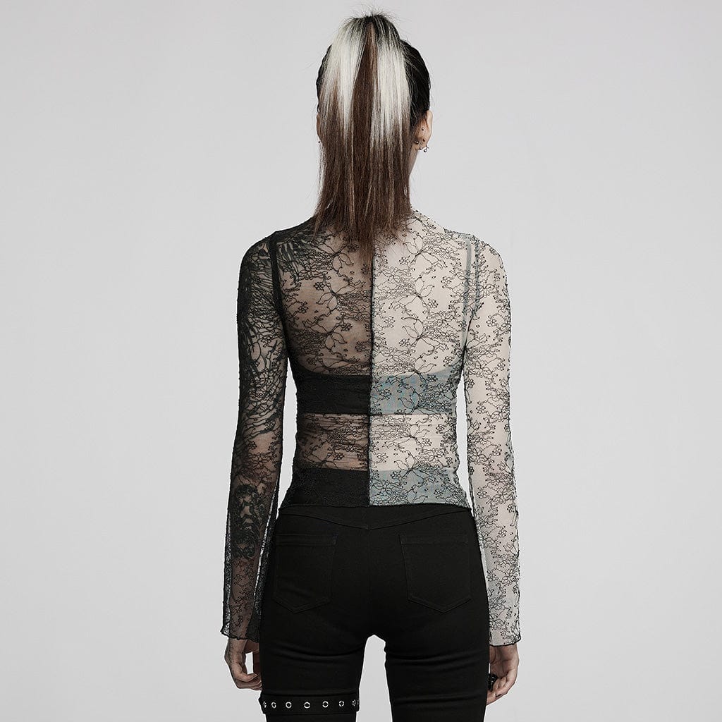 PUNK RAVE Women's Gothic Contrast Color Sheer Floral Lace Shirt