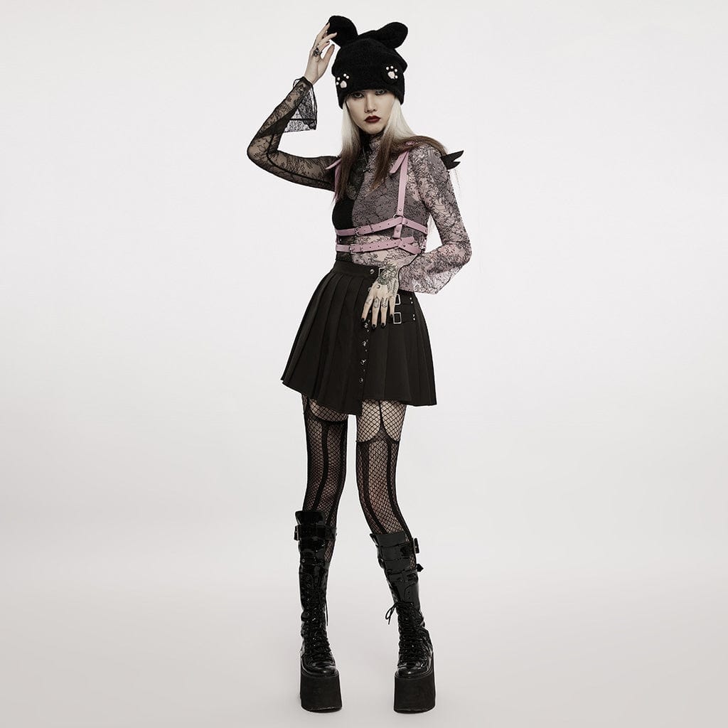 PUNK RAVE Women's Gothic Contrast Color Sheer Floral Lace Shirt