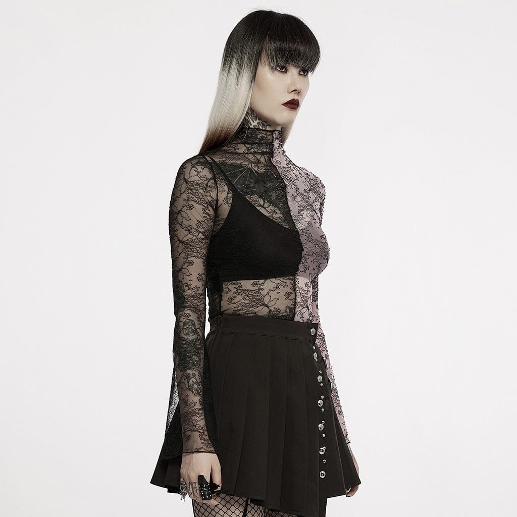 PUNK RAVE Women's Gothic Contrast Color Sheer Floral Lace Shirt