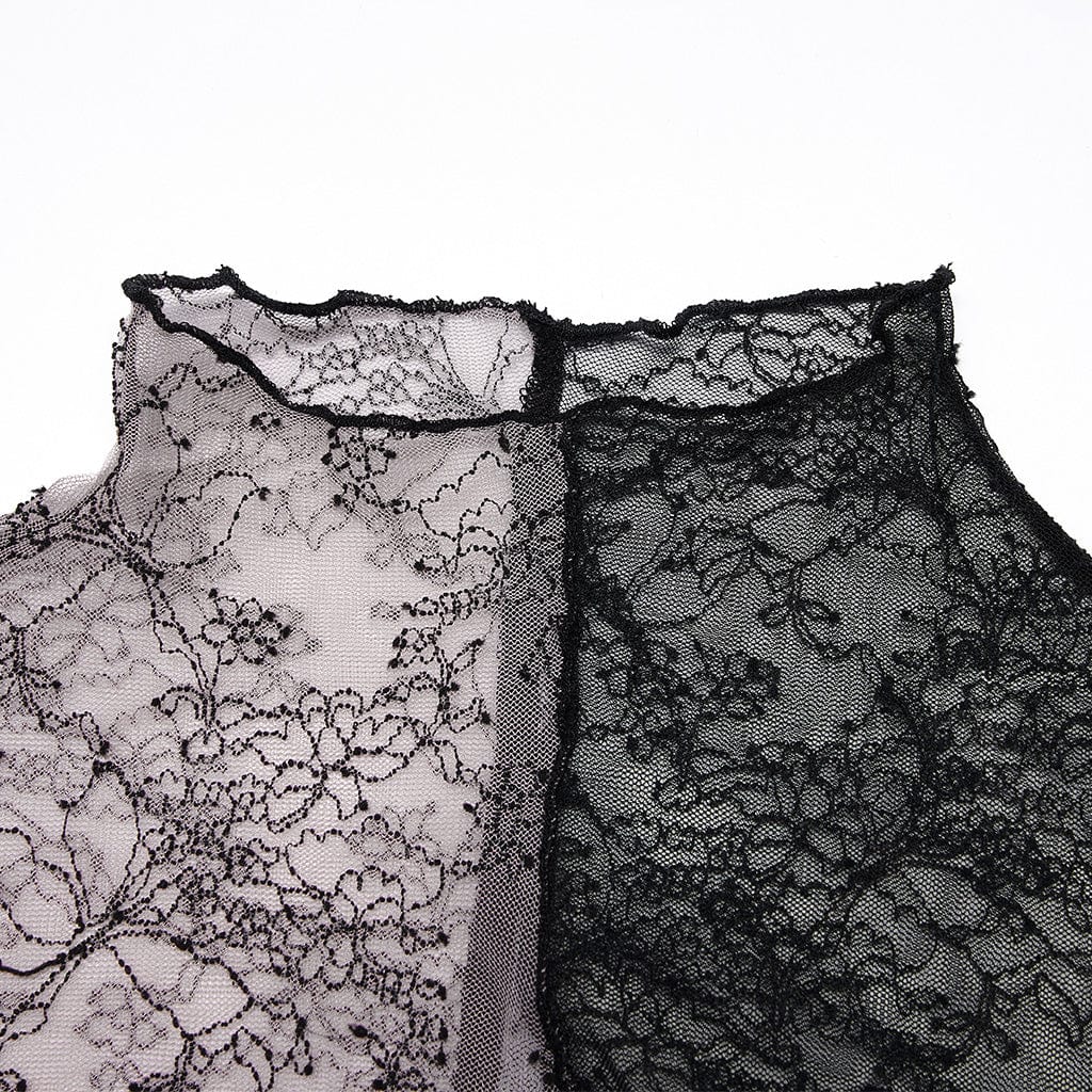 PUNK RAVE Women's Gothic Contrast Color Sheer Floral Lace Shirt