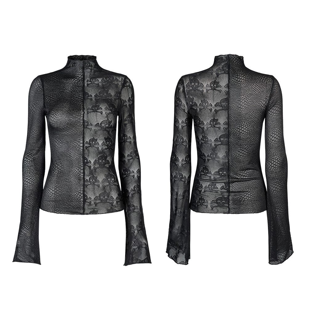 PUNK RAVE Women's Gothic Contrast Color Sheer Floral Lace Shirt
