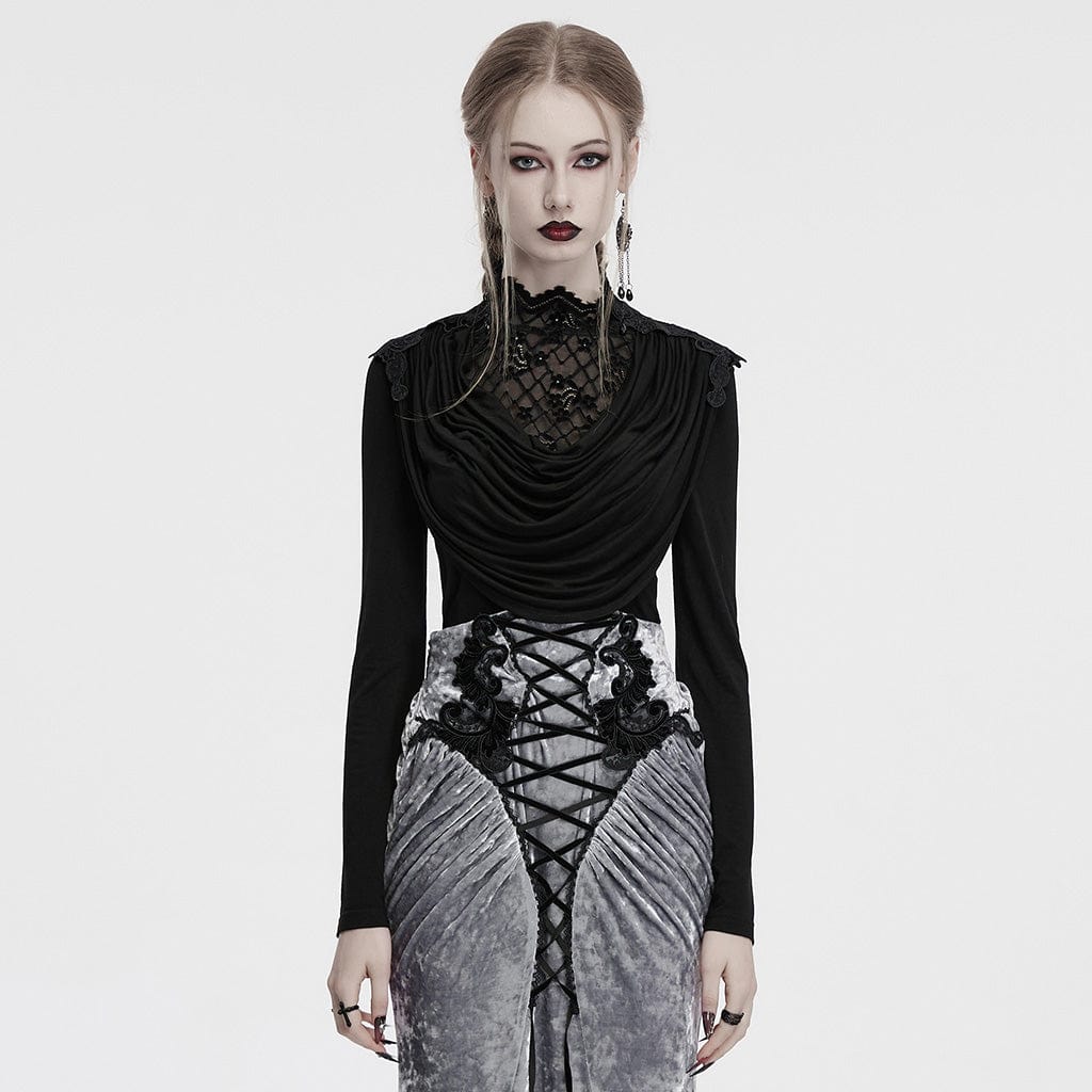 PUNK RAVE Women's Gothic Cowl Neck Lace Splice Shirt