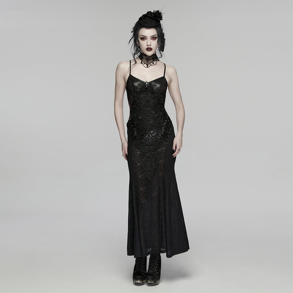 PUNK RAVE Women's Gothic Crochet Flower Slip Dress