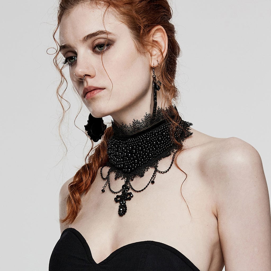 PUNK RAVE Women's Gothic Crosee Beaded Lace Hem Choker