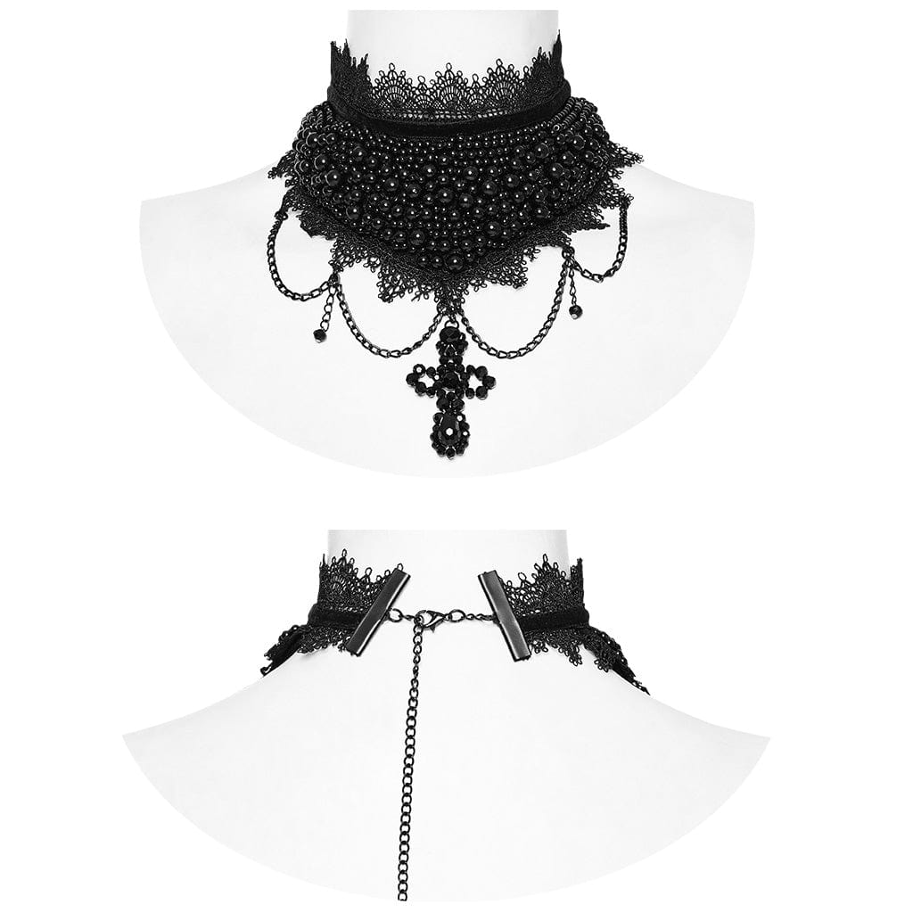 PUNK RAVE Women's Gothic Crosee Beaded Lace Hem Choker