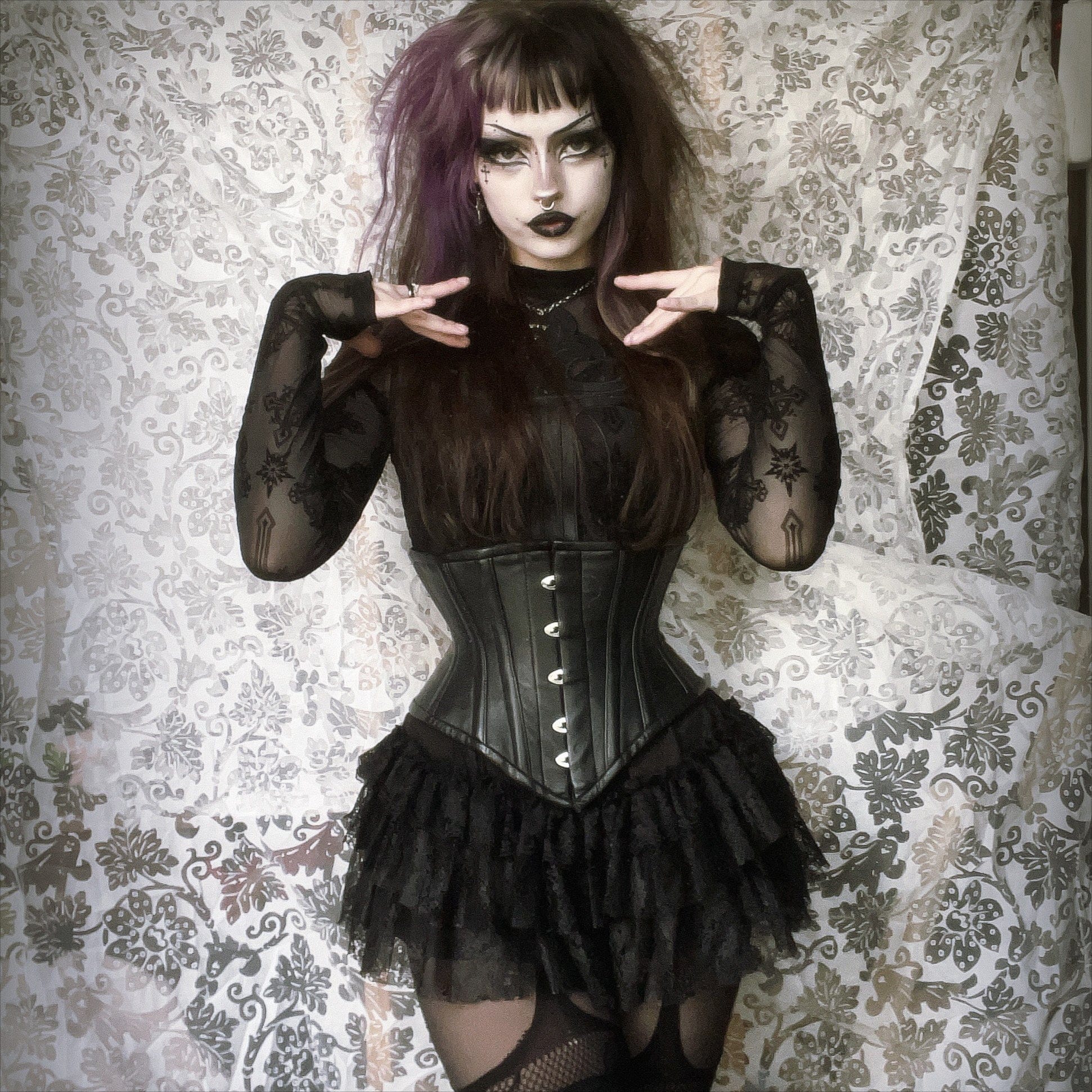 PUNK RAVE Women's Gothic Cross Flocking Mesh Sheer T-shirt