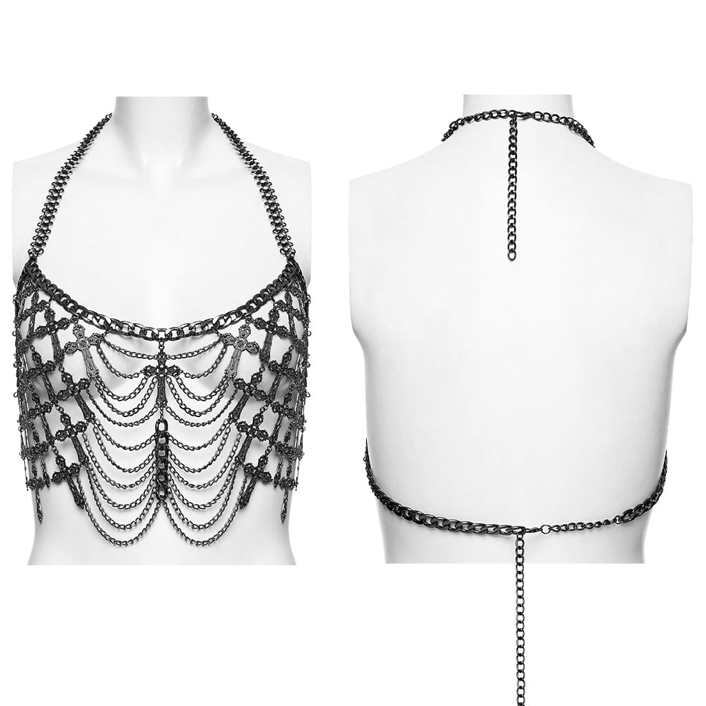 PUNK RAVE Women's Gothic Cross Layered Chain Chest Body Harness