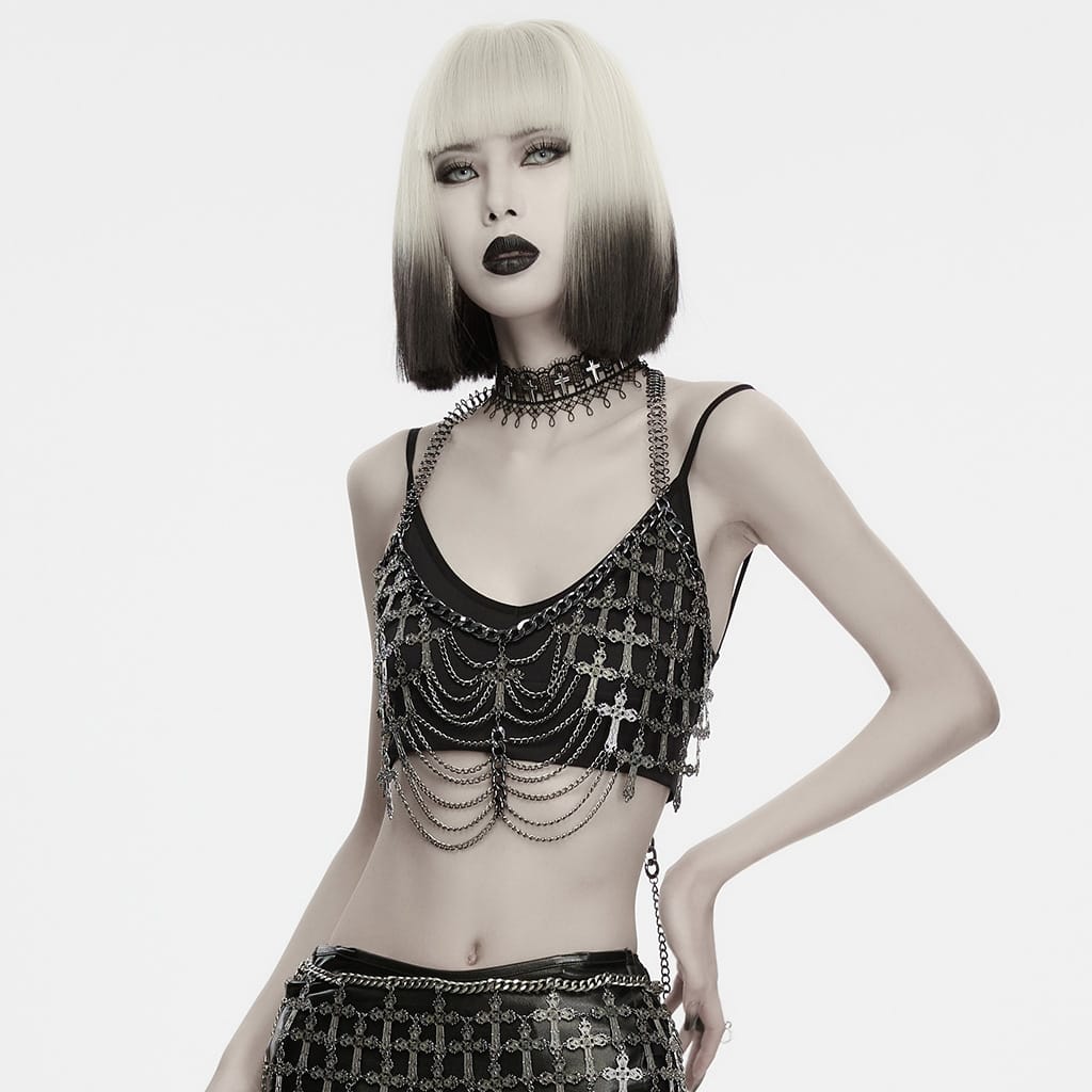 PUNK RAVE Women's Gothic Cross Layered Chain Chest Body Harness