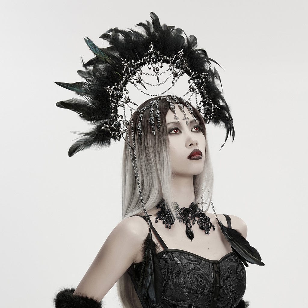 PUNK RAVE Women's Gothic Cross&Skull Chained Feather Headwear