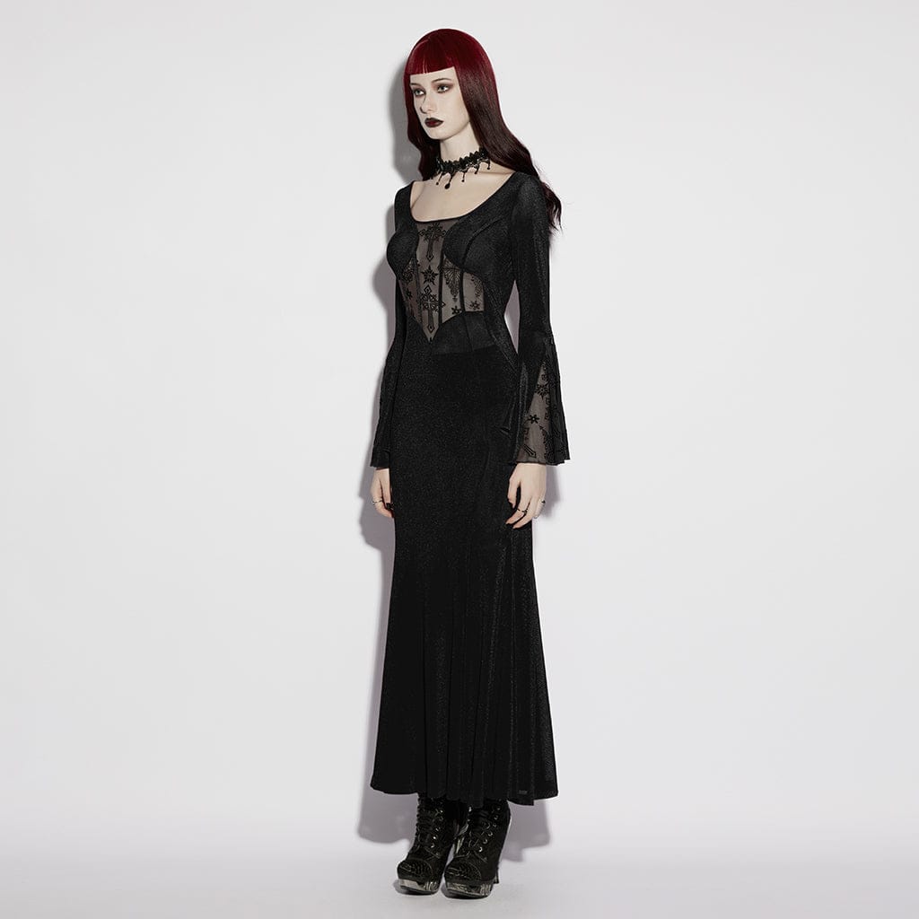 PUNK RAVE Women's Gothic Cross Square-cut Collar Flared Sleeved Dress Black