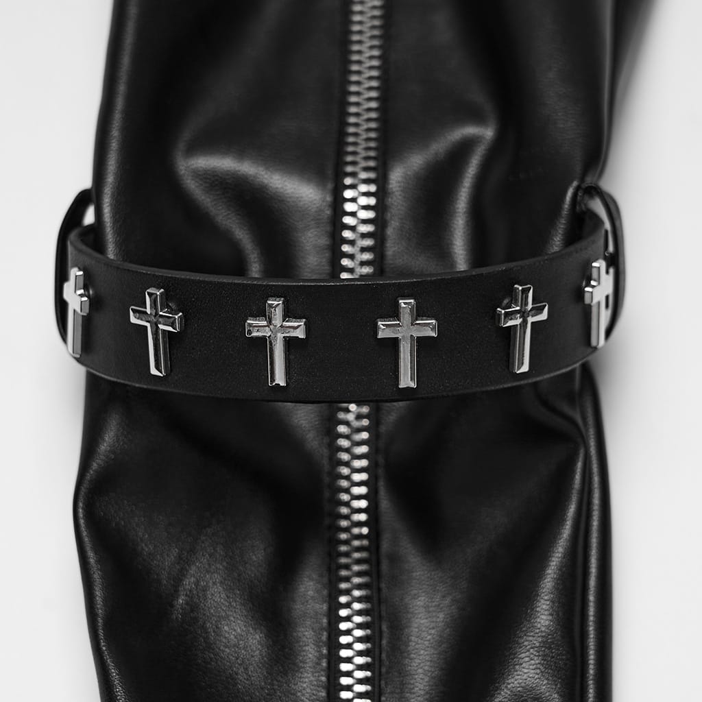 PUNK RAVE Women's Gothic Cross Strap Zipper Long Gloves