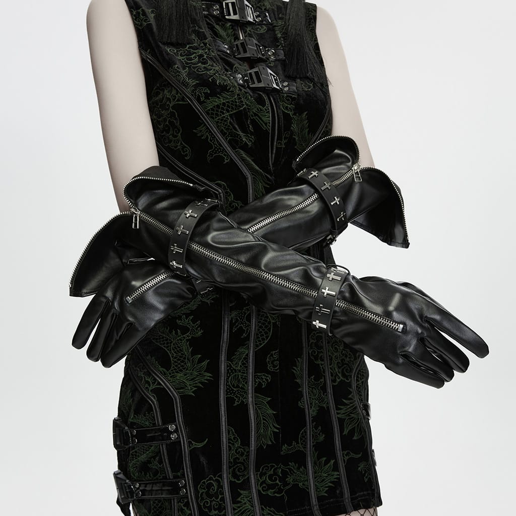PUNK RAVE Women's Gothic Cross Strap Zipper Long Gloves