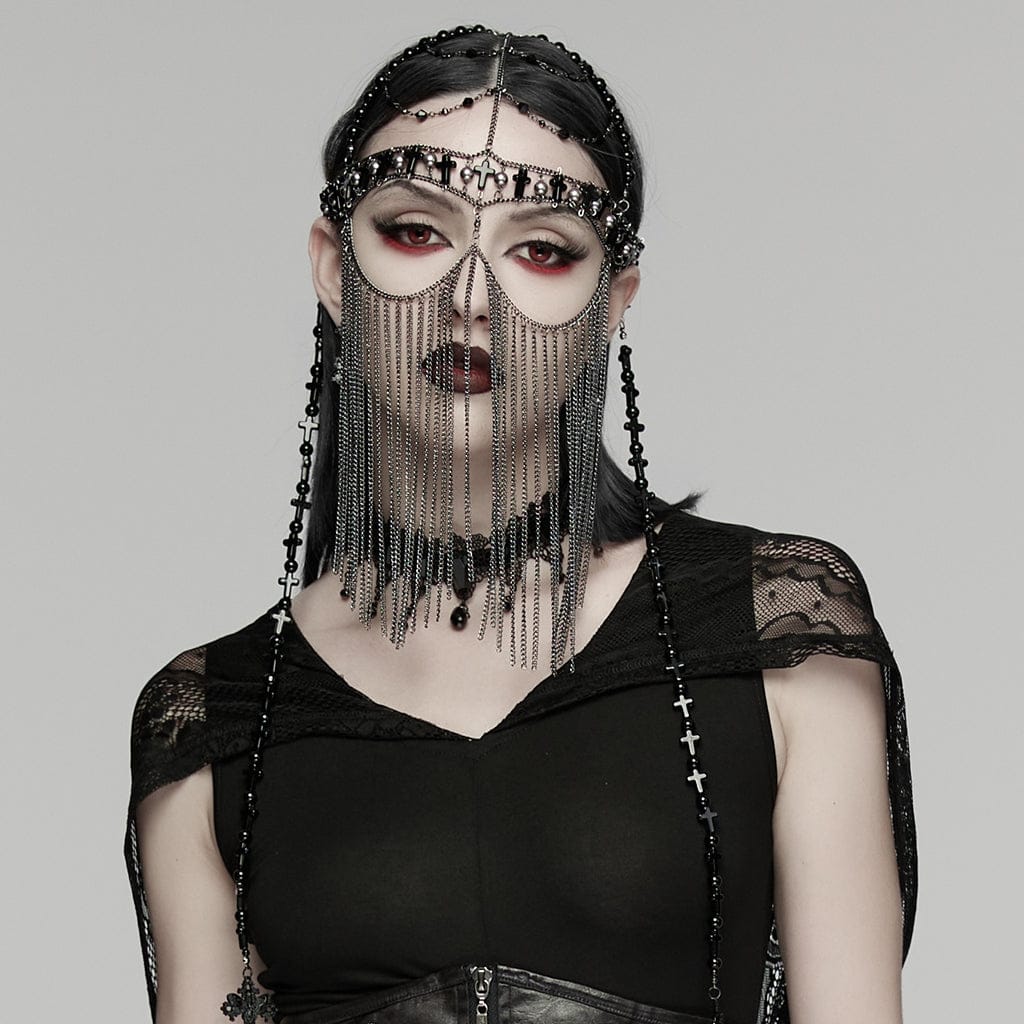 PUNK RAVE Women's Gothic Cross Tassels Chained Headwear