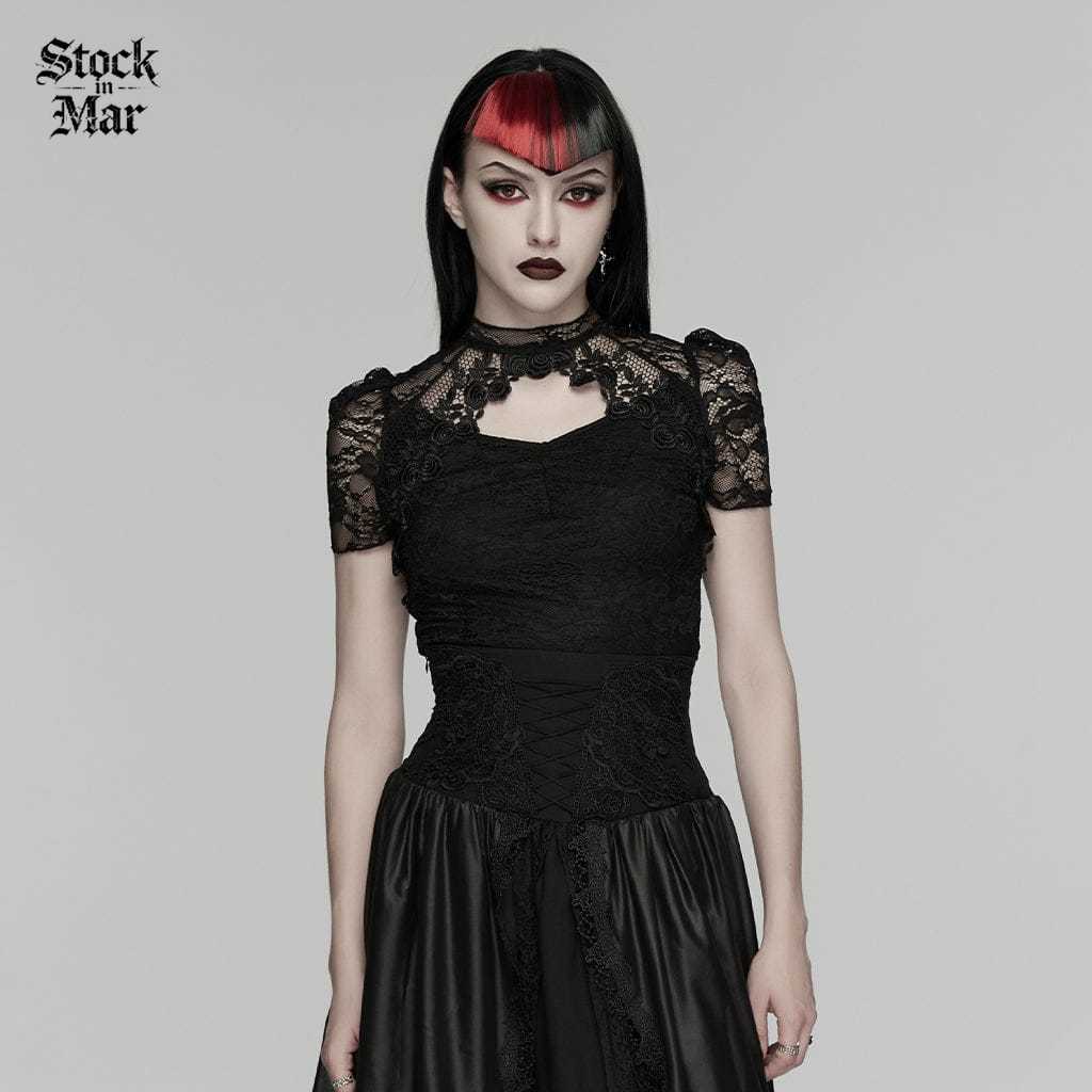 PUNK RAVE Women's Gothic Cutout Lace Short Sleeved Top