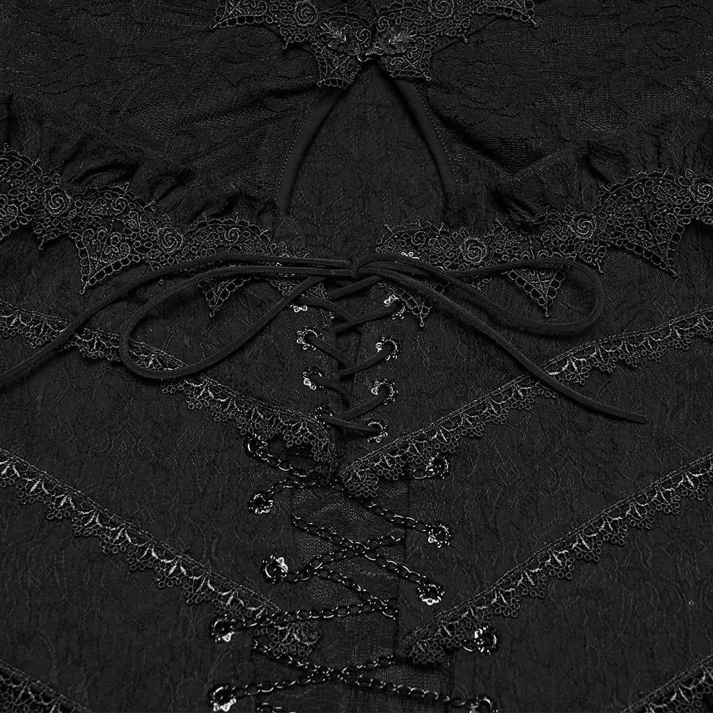 PUNK RAVE Women's Gothic Cutout Lace-up Chained Flare Sleeve Maxi Dress Black