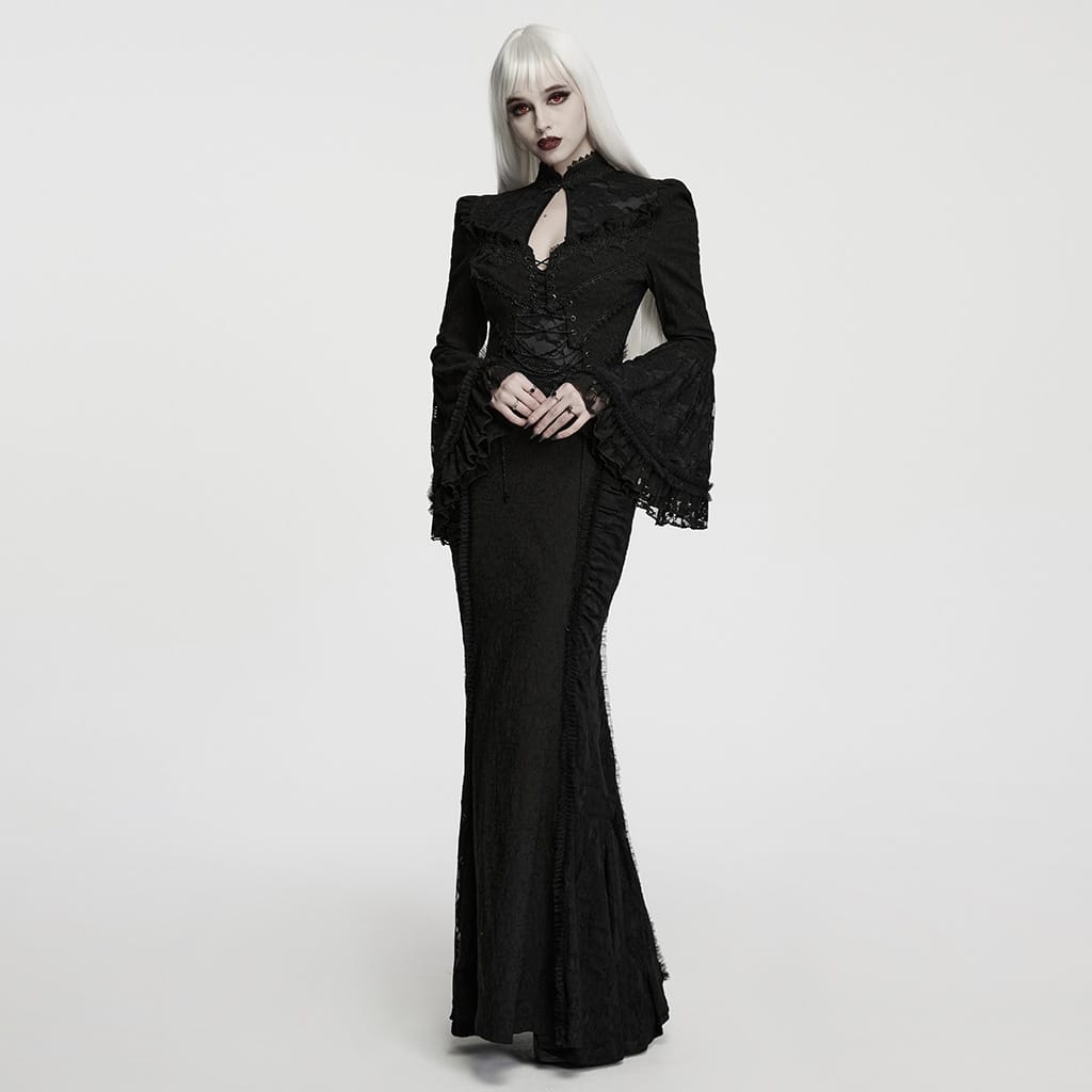 PUNK RAVE Women's Gothic Cutout Lace-up Chained Flare Sleeve Maxi Dress Black