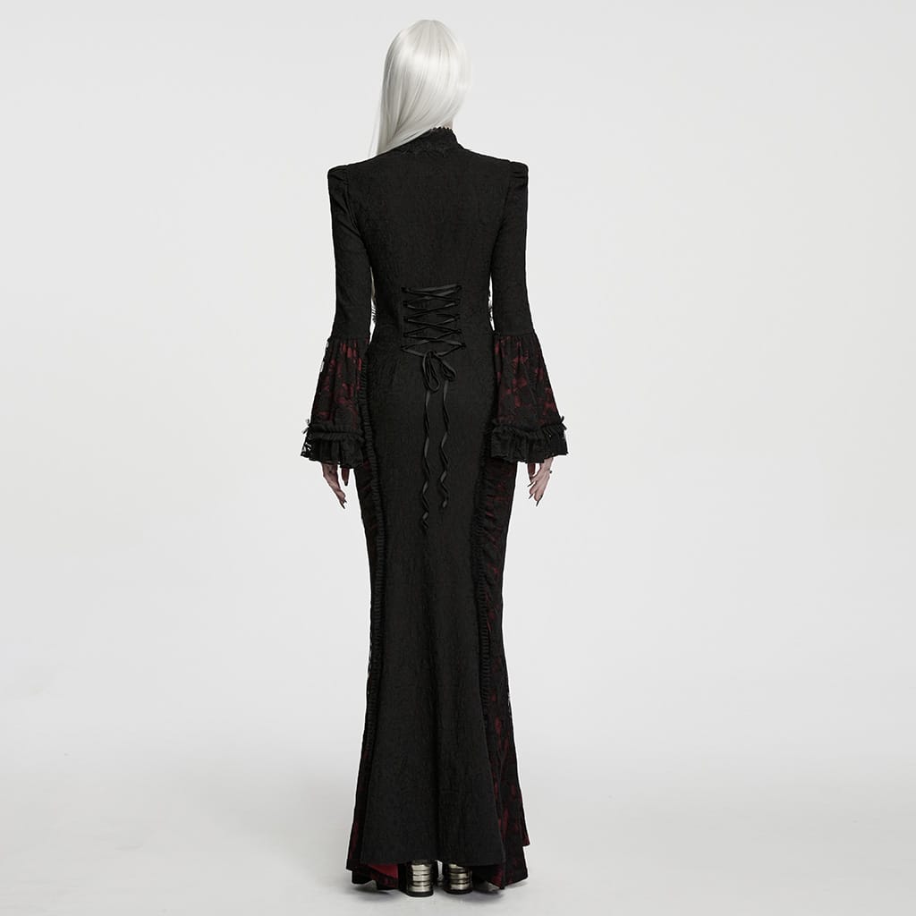 PUNK RAVE Women's Gothic Cutout Lace-up Chained Flare Sleeve Maxi Dress Black-Red