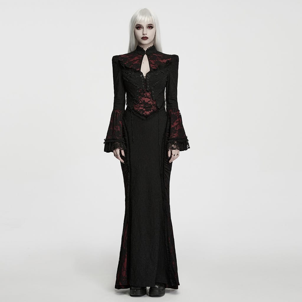 PUNK RAVE Women's Gothic Cutout Lace-up Chained Flare Sleeve Maxi Dress Black-Red