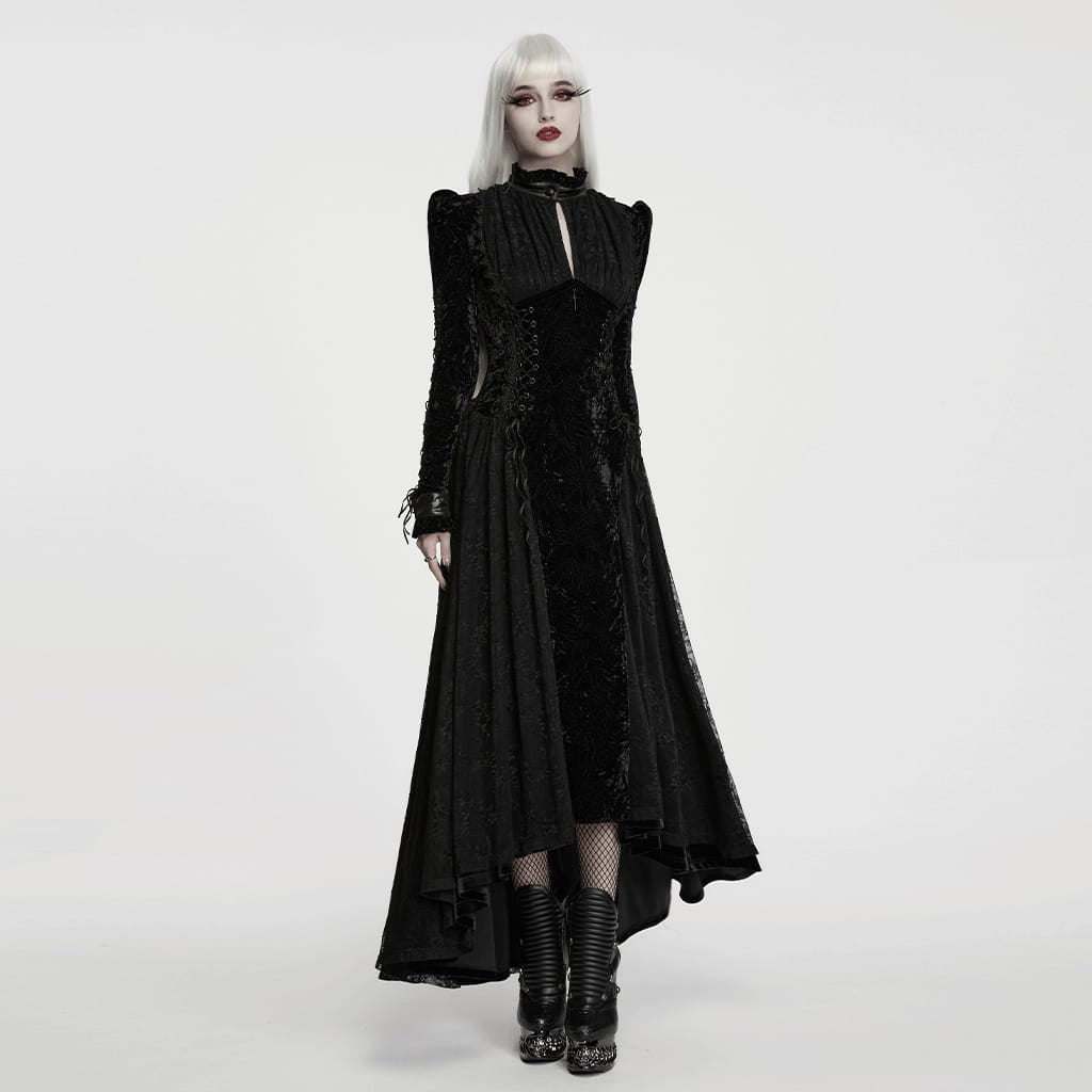PUNK RAVE Women's Gothic Cutout Lace-up Irregular Hem Maxi Dress Black