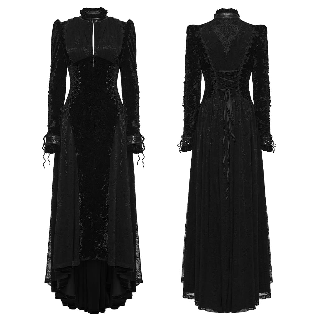 PUNK RAVE Women's Gothic Cutout Lace-up Irregular Hem Maxi Dress Black