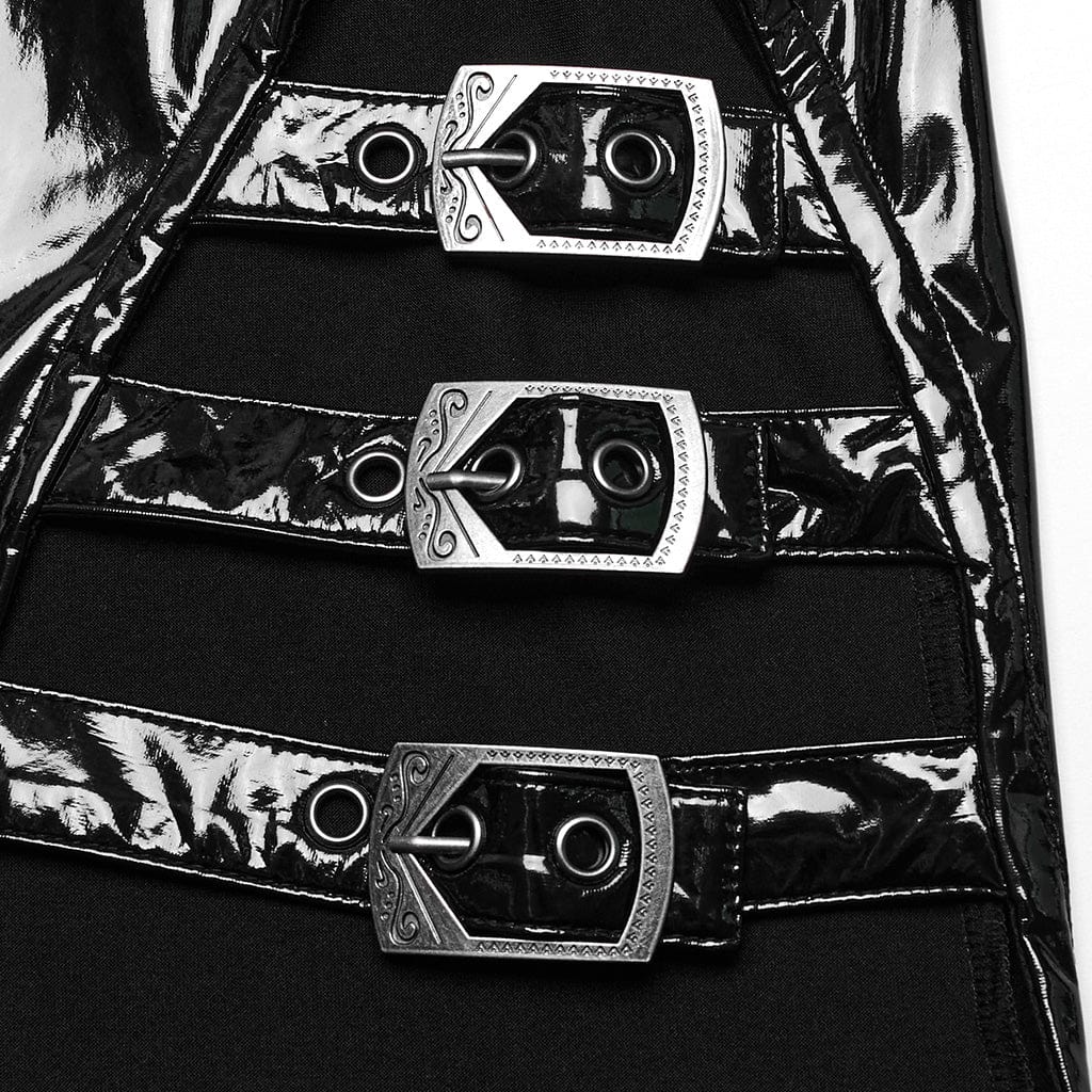 PUNK RAVE Women's Gothic Cutout Side Slit Buckle Maxi Dress Black-Red