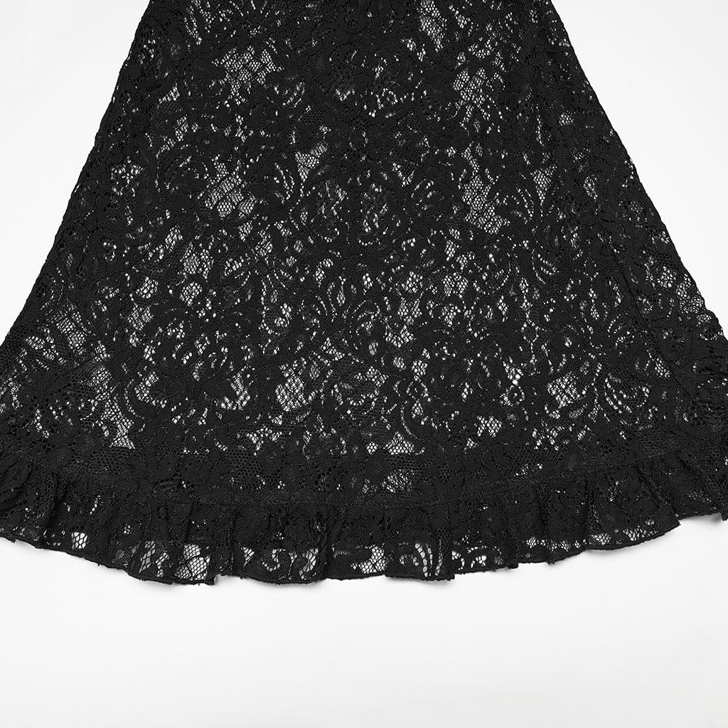 PUNK RAVE Women's Gothic Decal Floral Lace Splice Flared Pants