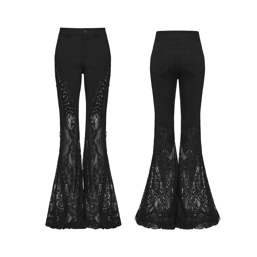 PUNK RAVE Women's Gothic Decal Floral Lace Splice Flared Pants