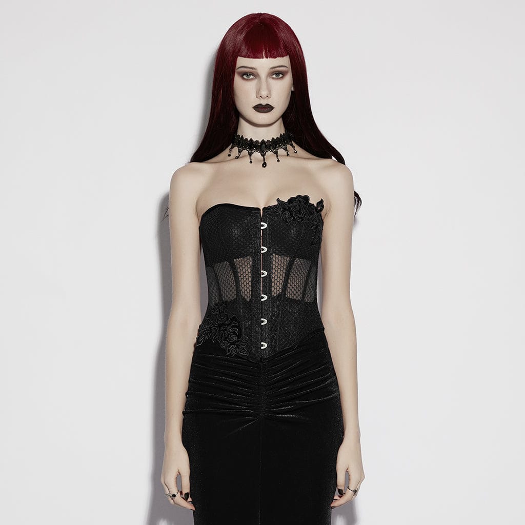 PUNK RAVE Women's Gothic Decal Sheer Lace-up Overbust Corset Black