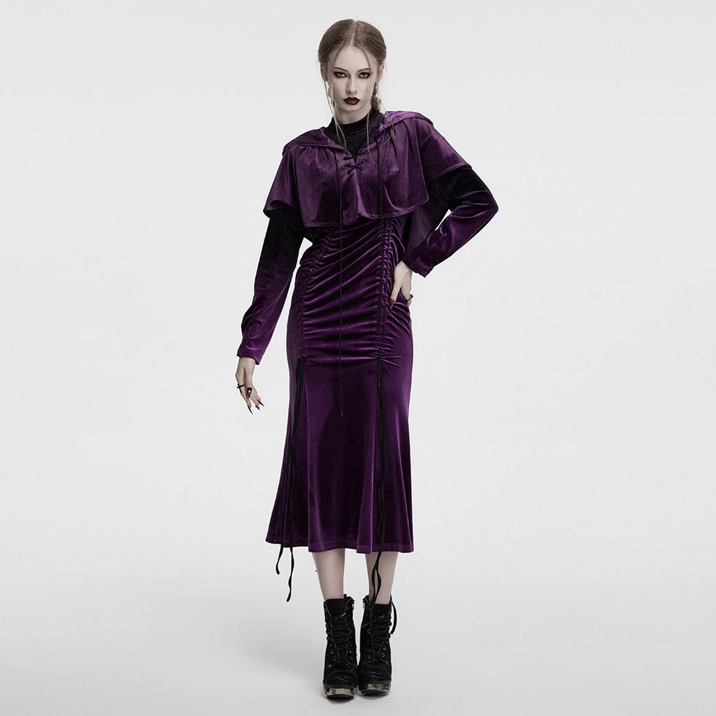 PUNK RAVE Women's Gothic Drawstring Gradient Velvet Prom Dress