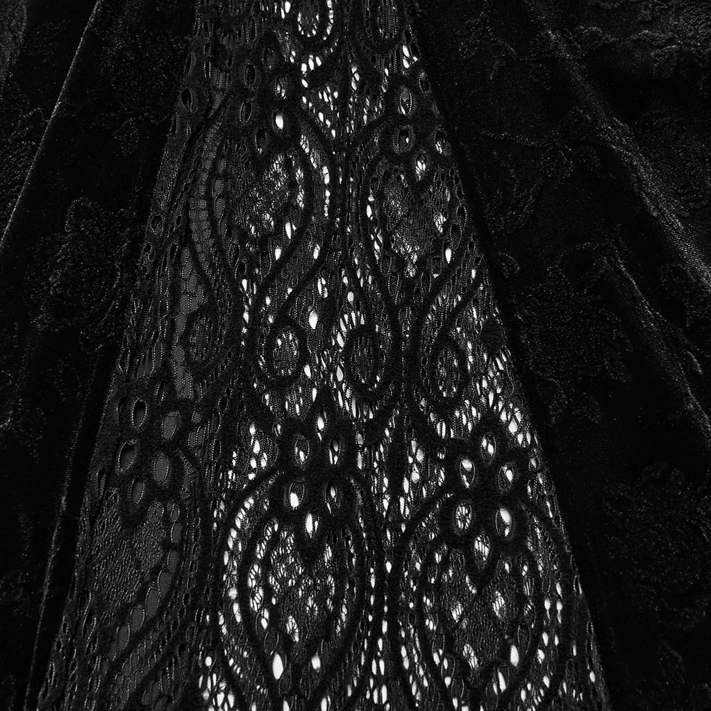 PUNK RAVE Women's Gothic Embroidered Beaded Ruffle Trim Jacquard Velvet Maxi Skirt