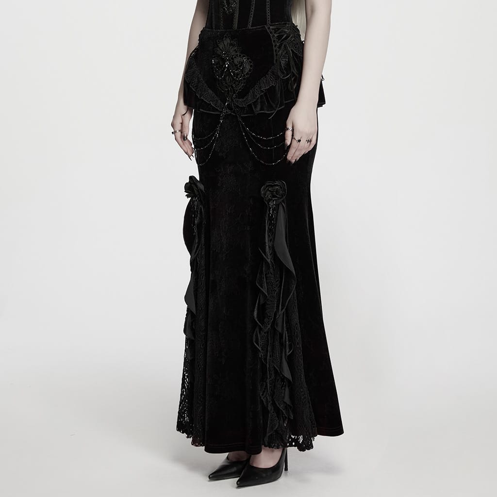 PUNK RAVE Women's Gothic Embroidered Beaded Ruffle Trim Jacquard Velvet Maxi Skirt