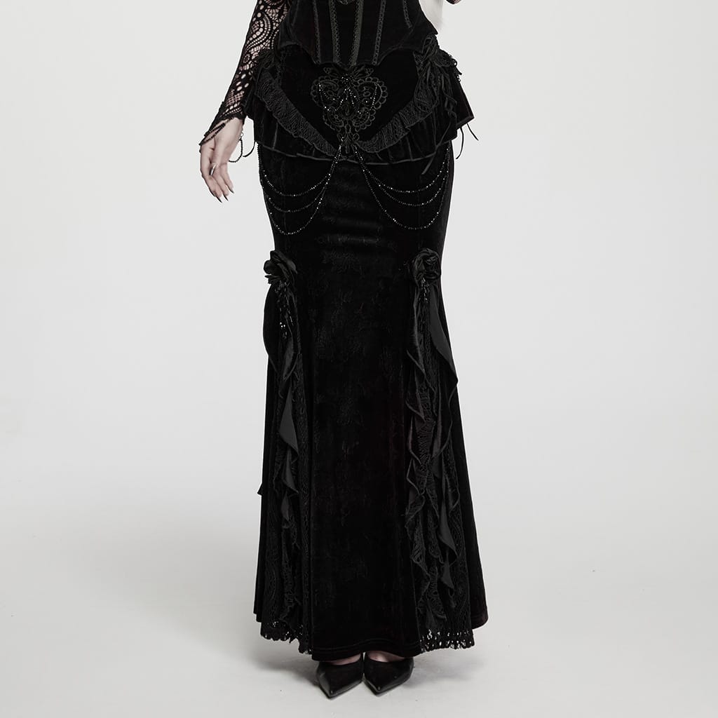 PUNK RAVE Women's Gothic Embroidered Beaded Ruffle Trim Jacquard Velvet Maxi Skirt