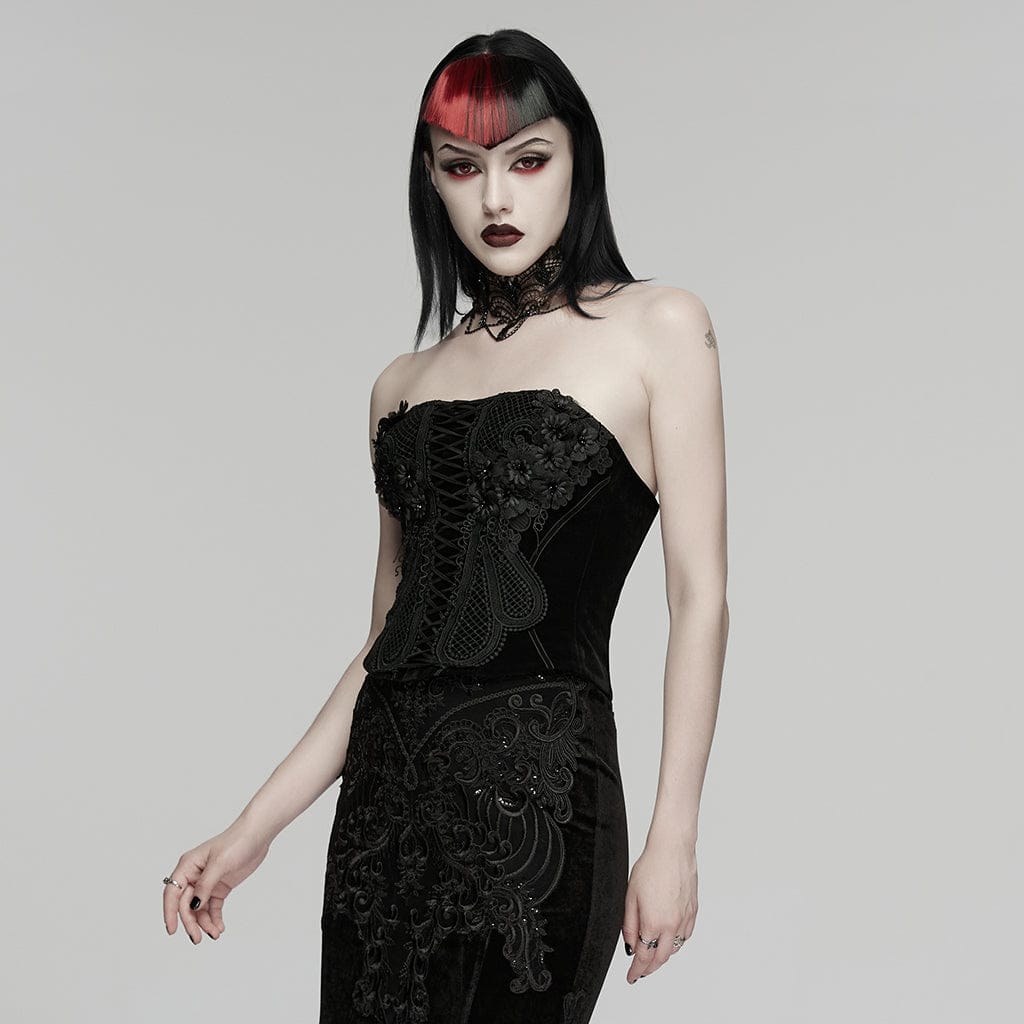 PUNK RAVE Women's Gothic Embroidered Floral Lace-up Bustier