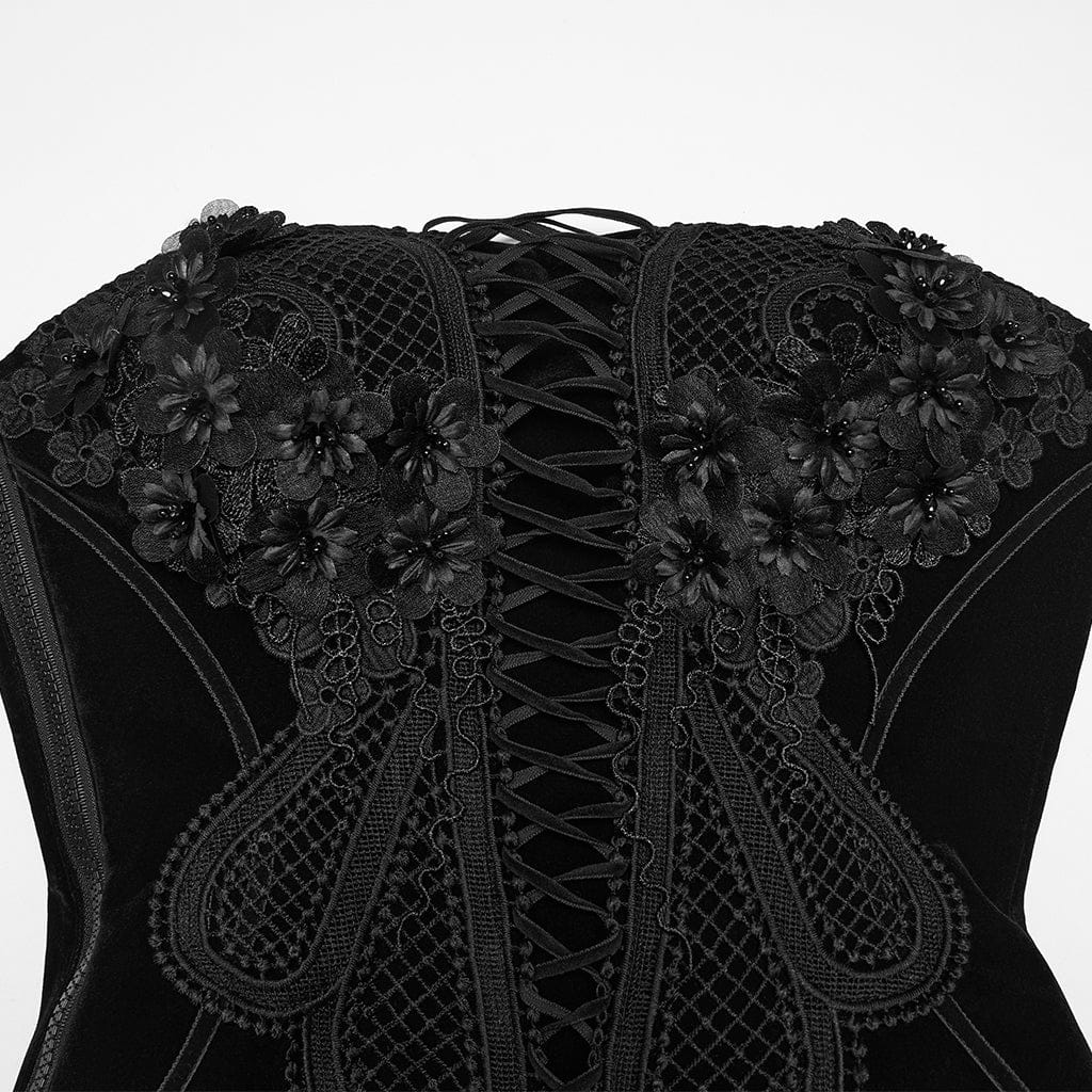PUNK RAVE Women's Gothic Embroidered Floral Lace-up Bustier