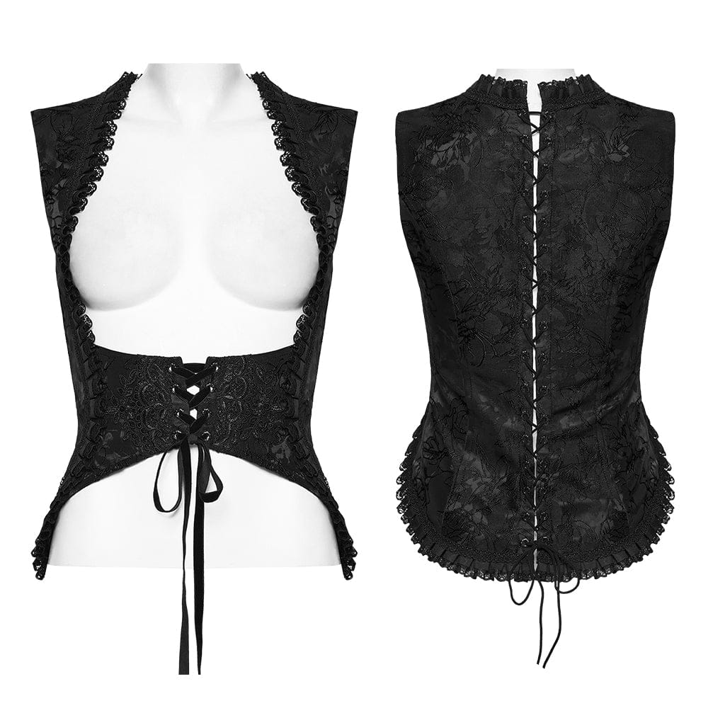 PUNK RAVE Women's Gothic Embroidered Jacquard Lace-up Vest Black