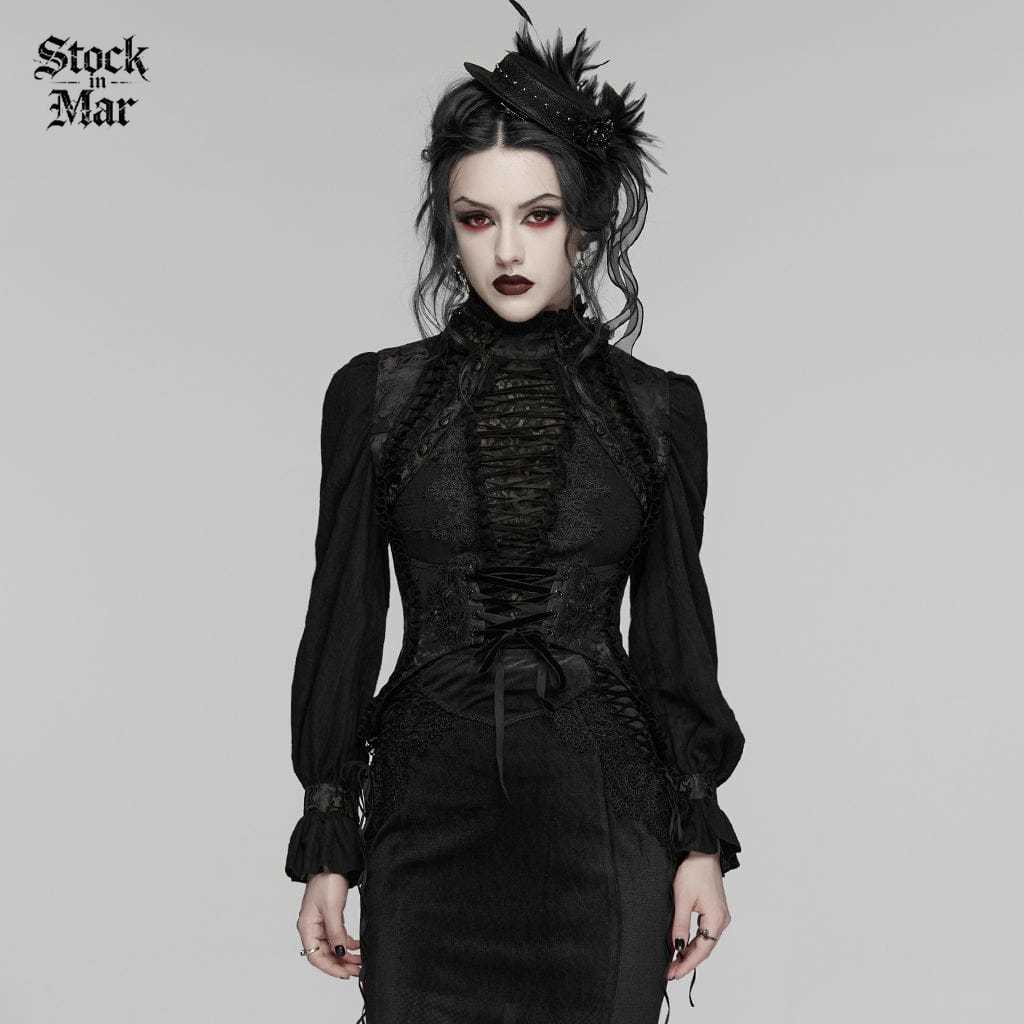PUNK RAVE Women's Gothic Embroidered Jacquard Lace-up Vest Black