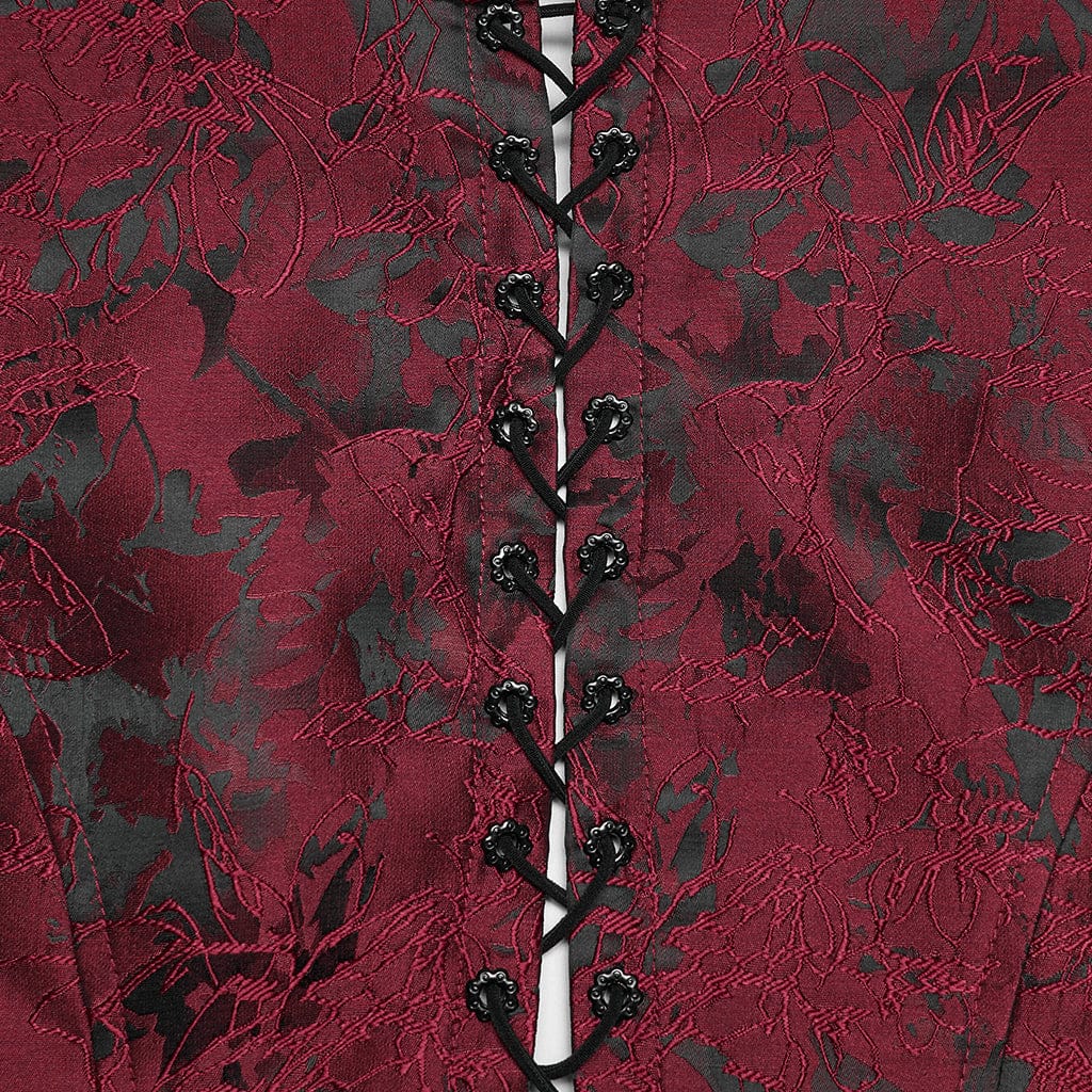 PUNK RAVE Women's Gothic Embroidered Jacquard Lace-up Vest Black-Red