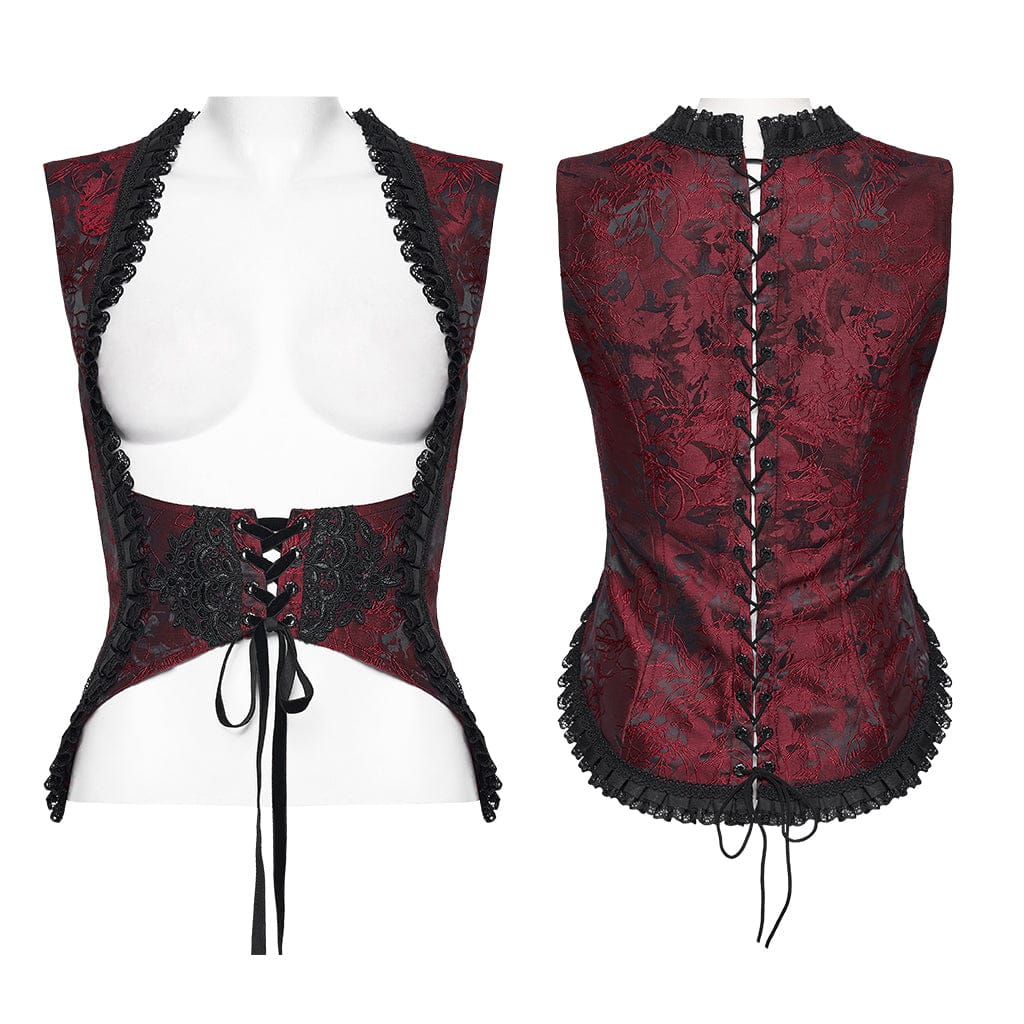 PUNK RAVE Women's Gothic Embroidered Jacquard Lace-up Vest Black-Red