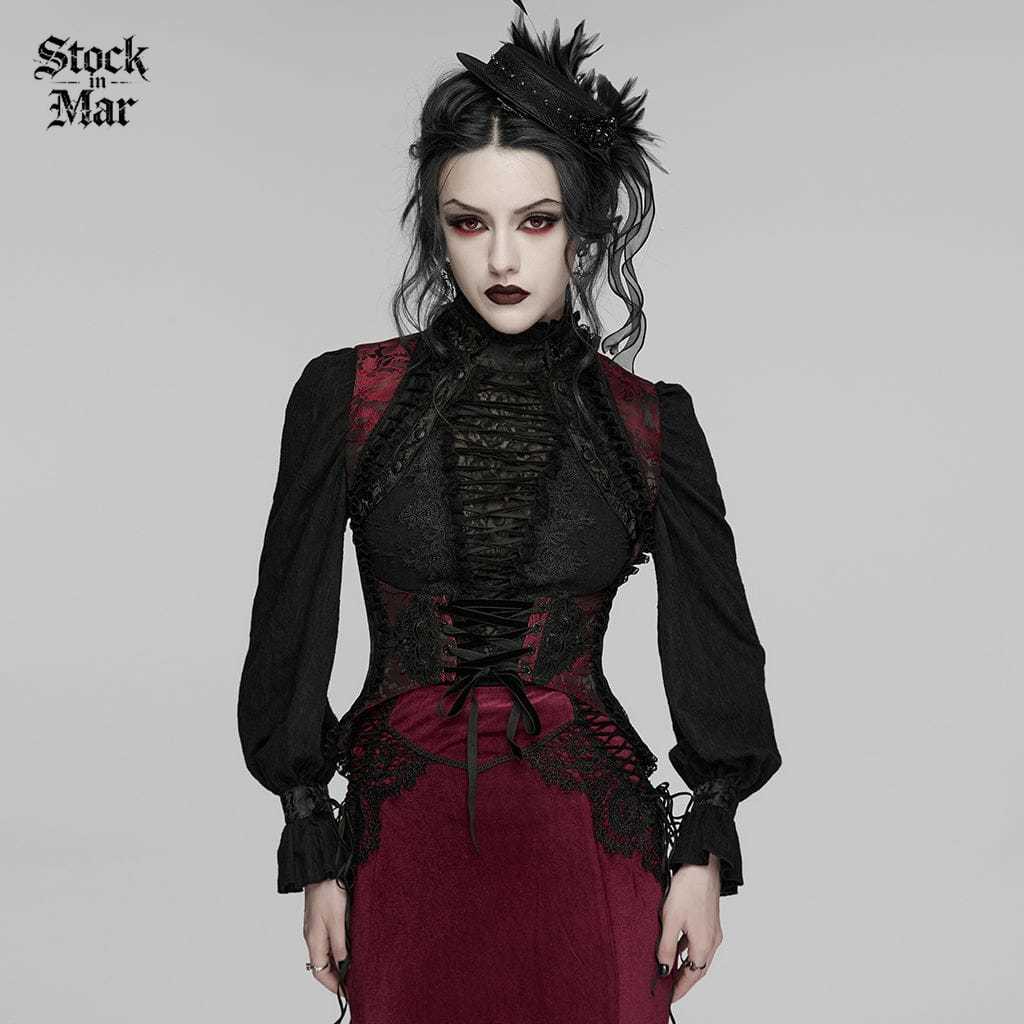 PUNK RAVE Women's Gothic Embroidered Jacquard Lace-up Vest Black-Red