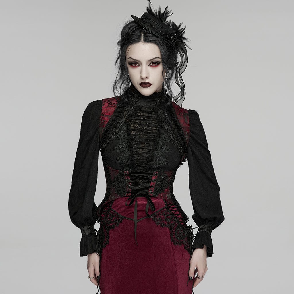 PUNK RAVE Women's Gothic Embroidered Jacquard Lace-up Vest Black-Red