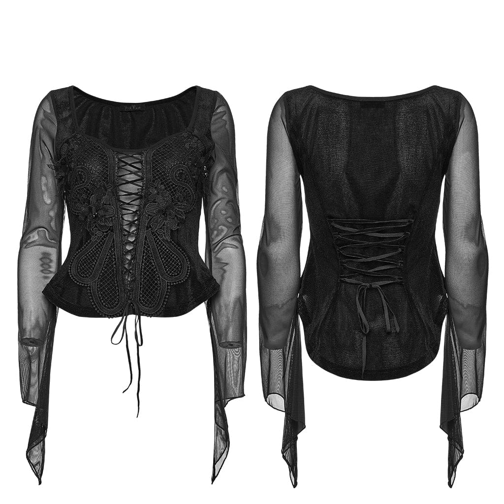 PUNK RAVE Women's Gothic Embroidered Lace-up Long Sleeved Top