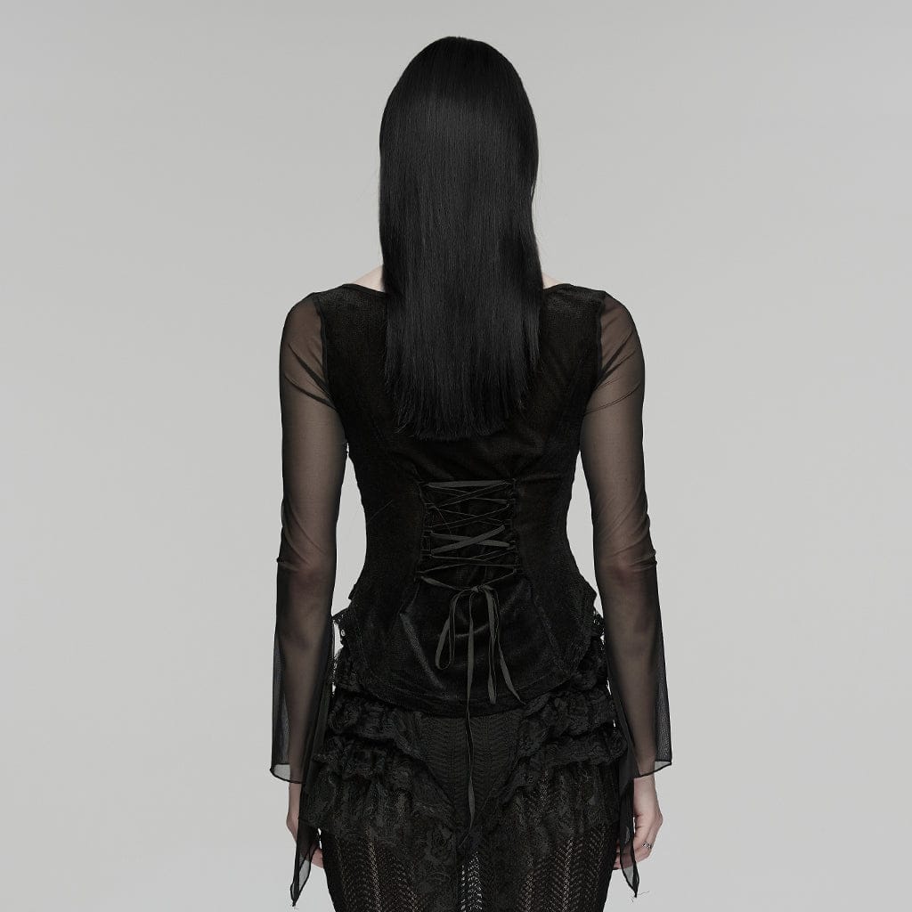 PUNK RAVE Women's Gothic Embroidered Lace-up Long Sleeved Top